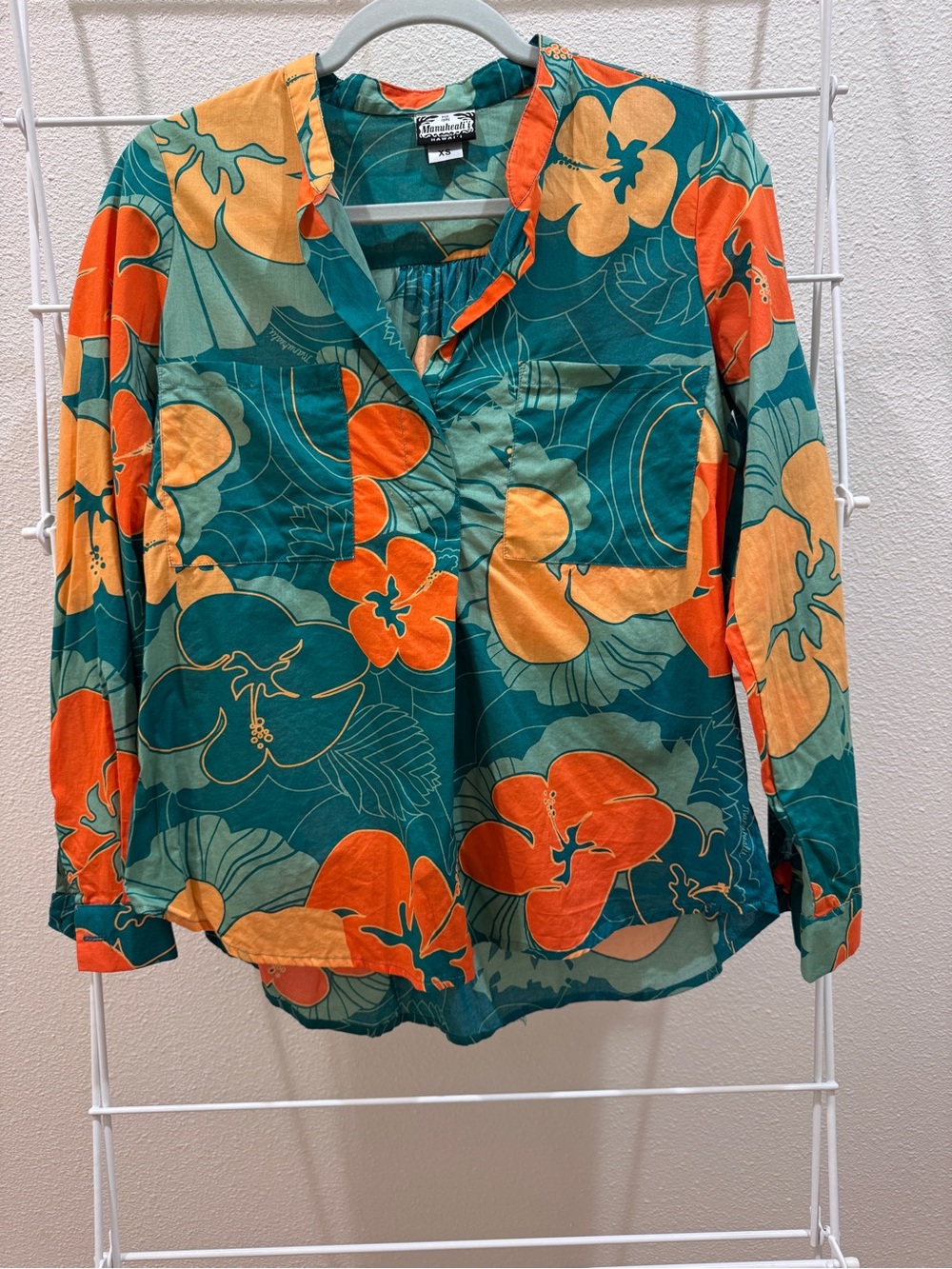 Manuhealii Teal Button-Front Floral Blouse with Orange and Yellow Accents